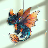 Dragon Acrylic Suncatcher, Stained Glass Style Cute Blue and Orange Baby Dragon with Fiery Wings Window Hanging, Fantasy Home Décor Gift